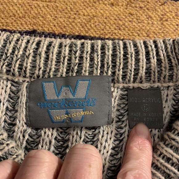 Vintage Grandpa Sweater Ribbed Oversized Gray Knit Pullover Crewneck Weekends - Picture 3 of 6